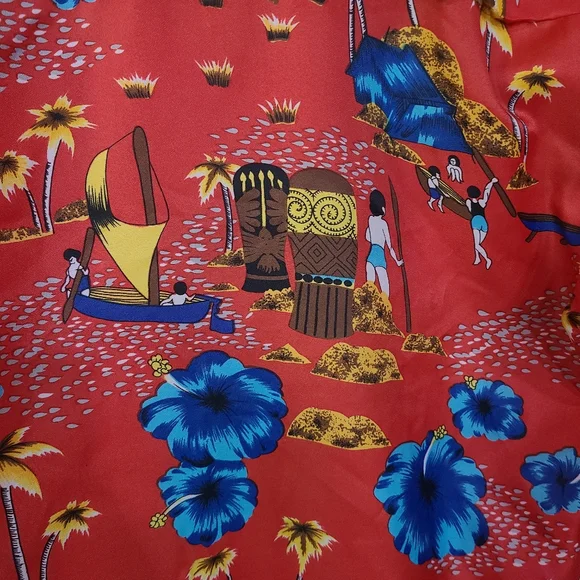 Cellini Vintage men's Hawaiian shirt size L Red Island Scenic Print - Picture 3 of 7